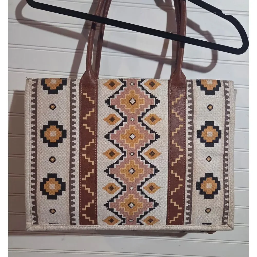 Wrangler Southwestern Aztec Canvas Tote Bag – Boho Shoulder Purse Handbag